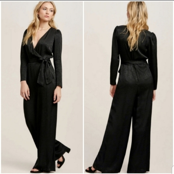 ALI & JAY Pants - Ali & Jay Stay Golden Black Padded Deep V-neck Wide Leg Satin Jumpsuit S…